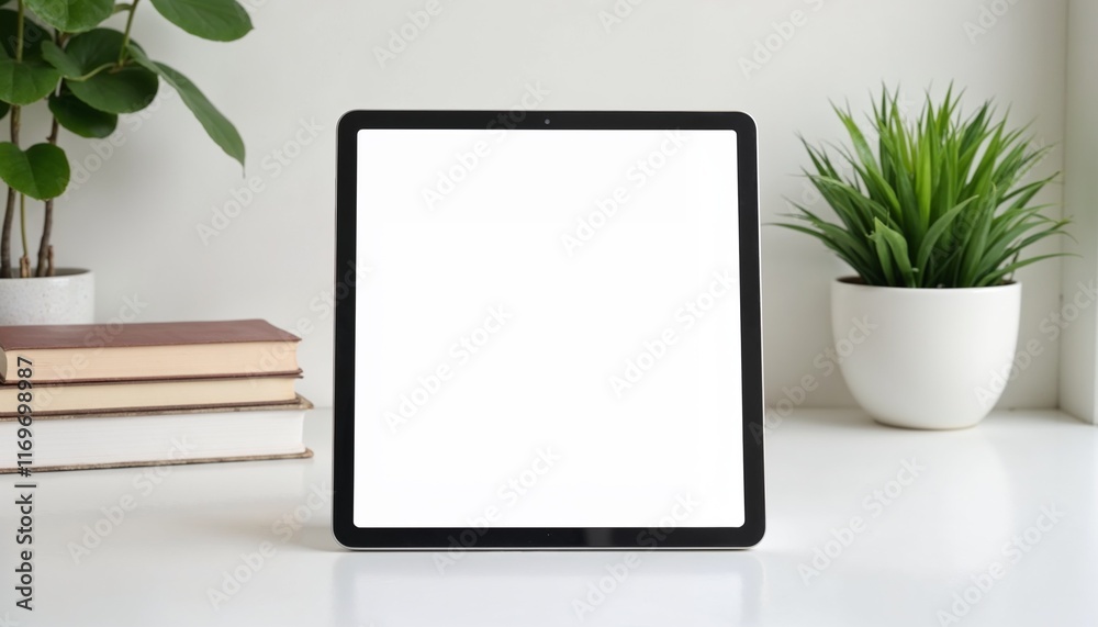Black tablet with blank screen on desk with books and green plant Black tablet with blank screen on desk with books and green plant