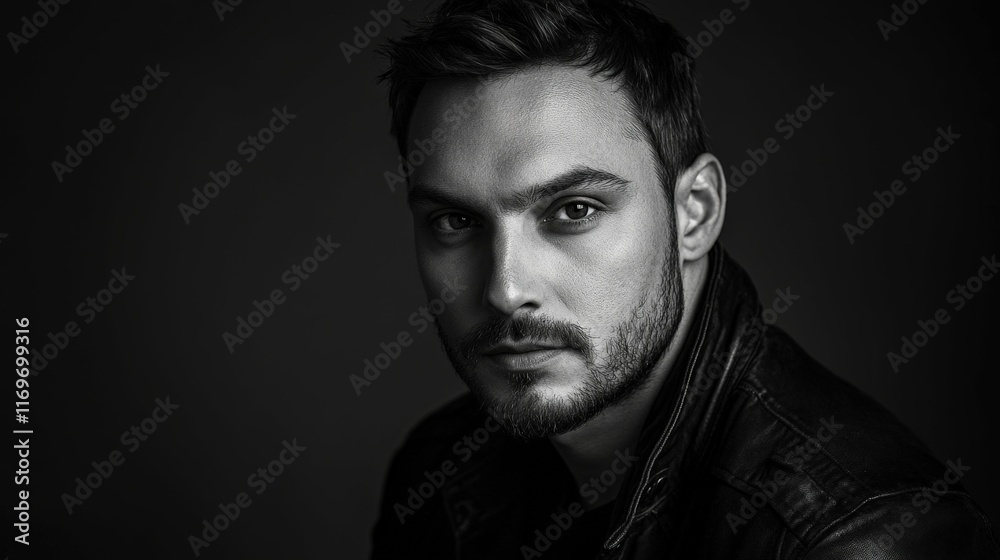 Obraz premium Strict portrait of a man in black and white tones, strong shadows and contrast, studio lighting
