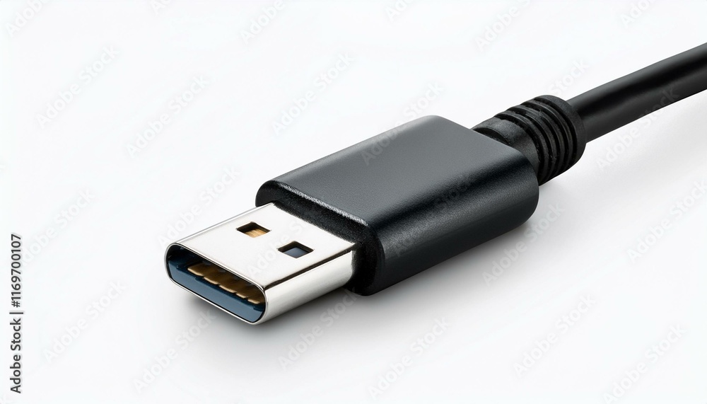 USB-C to USB-A Cable: A close-up shot showcasing the connection point of a black USB-C to USB-A cable, highlighting the intricate details of the connectors. USB-C to USB-A Cable: A close-up shot showcasing the connection point of a black USB-C to USB-A cable, highlighting the intricate details of the connectors.