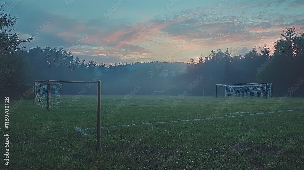 Fototapeta premium Serene Soccer Field at Dawn with Mist and Colorful Sky