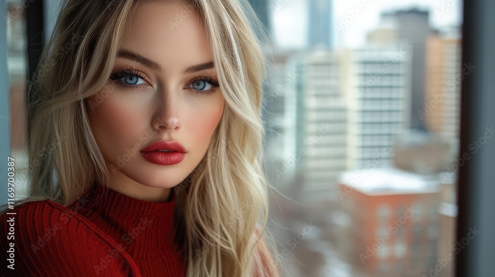 Fototapeta premium Stunning Beauty Portrait Featuring Bold Makeup with City Skyline Background During Daytime, Perfect for Fashion and Urban Photography Themes