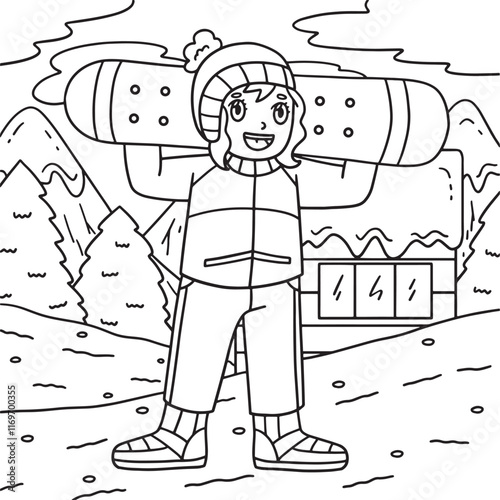 Snowboarding Girl with a Snowboard Coloring Page 