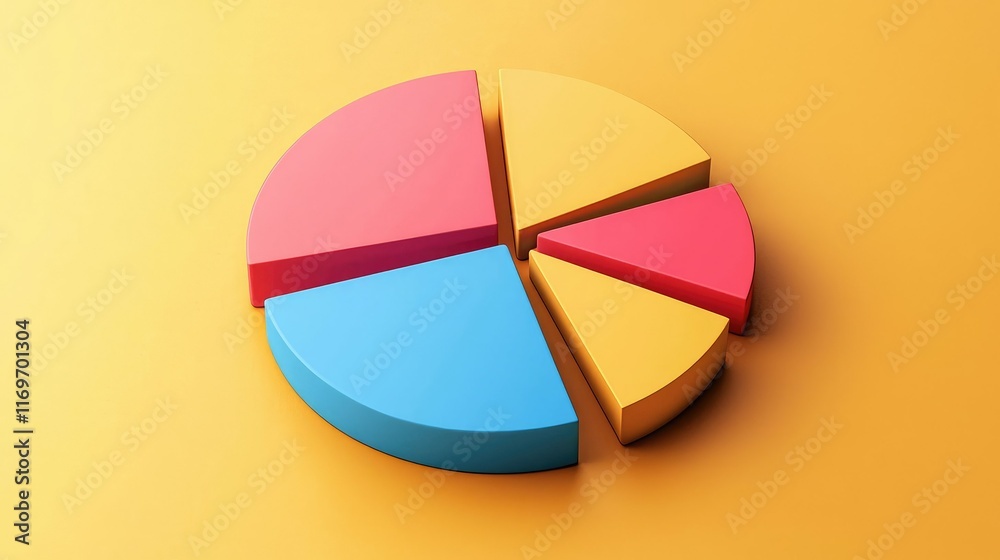 Fototapeta premium Colorful 3D Pie Chart Representing Data Segments on Yellow Background