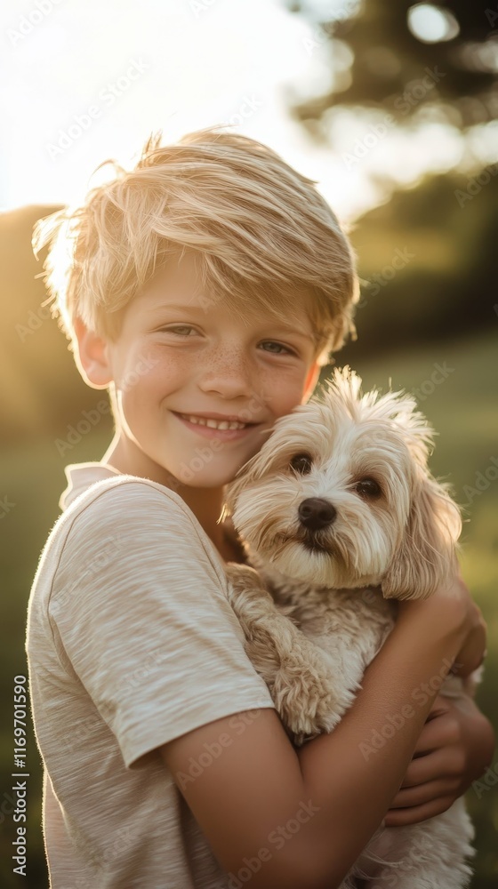 Young boy with pale skin, blonde hair, and a shy smile, holding a small dog in a park, grassy field and trees in the background, warm natural sunlight Young boy with pale skin, blonde hair, and a shy smile, holding a small dog in a park, grassy field and trees in the background, warm natural sunlight