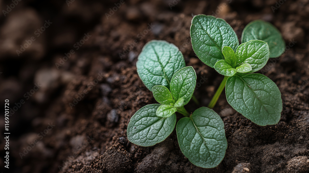 Naklejka premium Young plant sprouting through fertile soil, nature growth concept