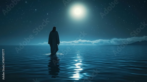 Jesus walking on calm waters under a moonlit sky, serene and divine composition photo