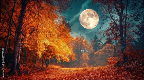 Enchanting Autumn Woods Under a Radiant Full Moon At Night