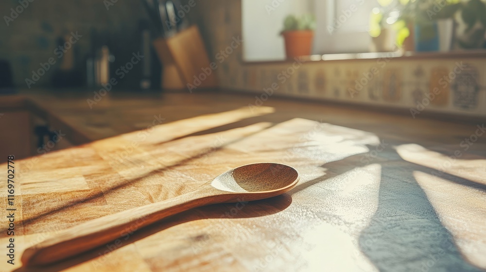 Wooden spoon lying on a rustic countertop, natural light highlighting its texture, Wooden spoon lying on a rustic countertop, natural light highlighting its texture,