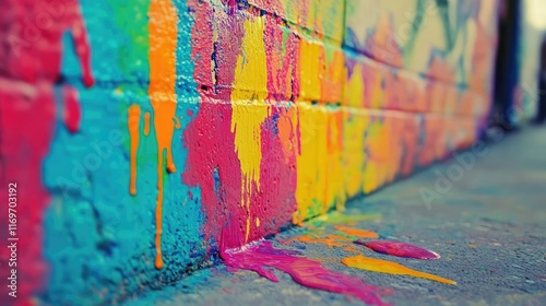 Vibrant Paint Drips on Colorful Urban Wall Art Close-Up photo