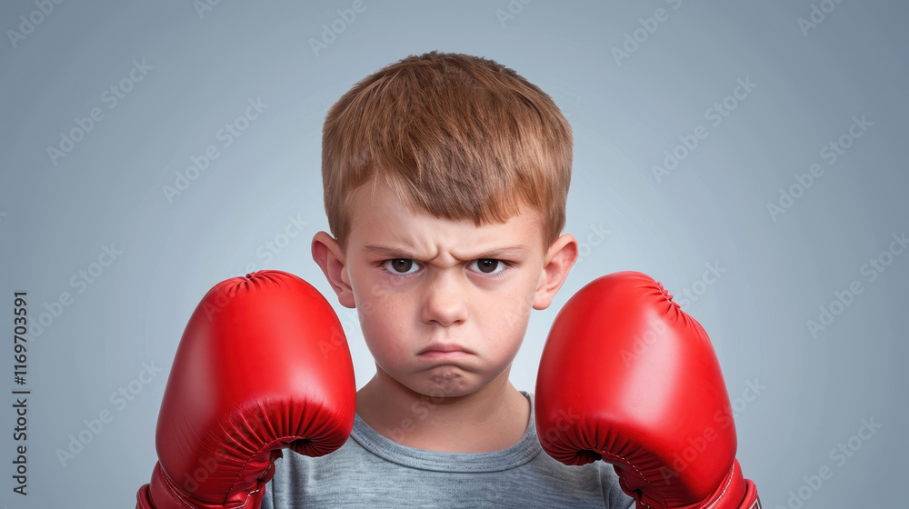 A timid boy grips his boxing gloves, wideeyed and nervous, ready to face his fears in the ring. A timid boy grips his boxing gloves, wideeyed and nervous, ready to face his fears in the ring.