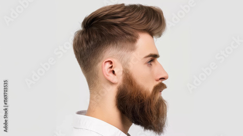 A striking profile portrait of a bearded man, showcasing his serious demeanor and rugged charm. photo