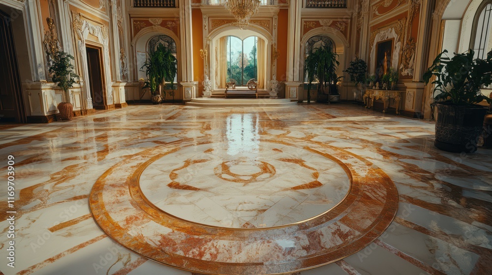 Obraz premium Sunlit Palace Lobby, Marble Floor, Garden View, Luxury Interior.