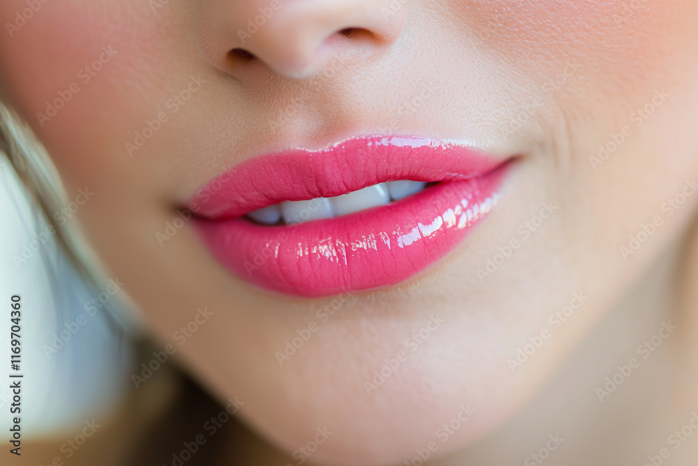 Naklejka premium Woman's lips are painted in a bright pink color