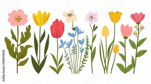 Spring floral illustration with a variety of colorful flowers and green leaves, vibrant pastel tones, clean minimalistic vector design,