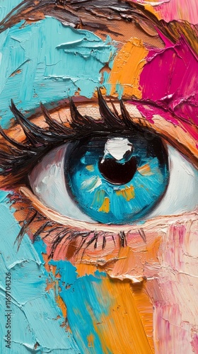 This piece is expertly painted with bold oil strokes, depicting a striking abstract eye design.