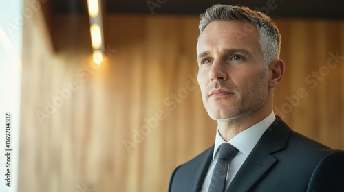 Man with fair skin, salt and pepper hair, and a clean shaven face, standing at a podium in a corporate meeting, modern office background, bright artificial lighting