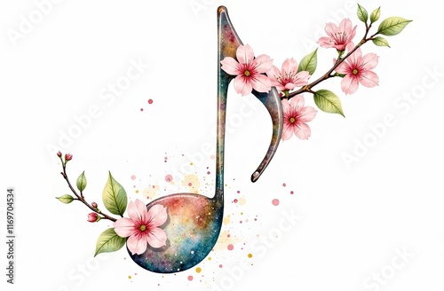 Creative music note design featuring colorful flowers and artistic elements