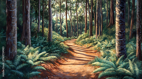 Serene forest clearing cedes to winding dirt path, sun-dappled trunks and ferns framing the auspicious beginning of an untrod journey. Dapplewood. Illustration