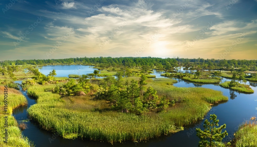 Naklejka premium Sustainable Swamp Landscape Showcasing Wetland Ecosystem Benefits