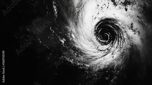 A satellite depiction of the eye and core structure of an exceptionally strong hurricane rendered in black, gray, and white.