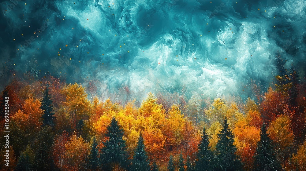 Obraz premium Vibrant Autumn Forest Scene with Dramatic Cloudy Sky