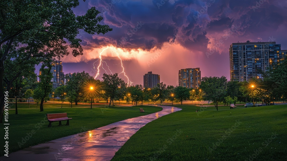 Stunning Lightning Strike over City Park during Dramatic Sunset Glow Stunning Lightning Strike over City Park during Dramatic Sunset Glow