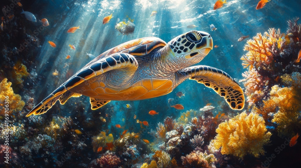 Fototapeta premium Turtle Underwater with Coral Landscape