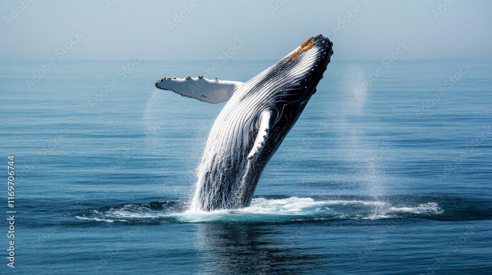Fototapeta premium Majestic Humpback Whale Breaching in Calm Ocean Water Surface