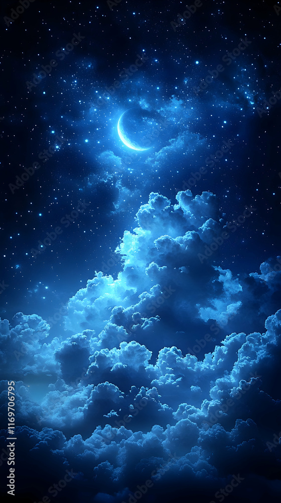 Night sky with crescent moon and clouds. Night sky with crescent moon and clouds.