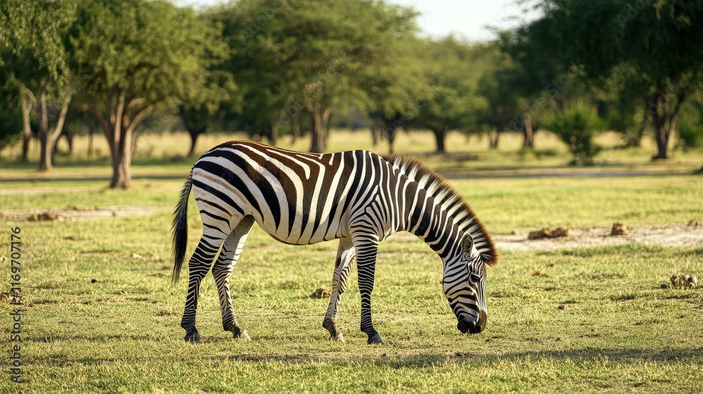 Zebra grazing in an open field with acacia trees scattered in the distance, warm daylight highlighting its stripes, peaceful vibe, Zebra grazing in an open field with acacia trees scattered in the distance, warm daylight highlighting its stripes, peaceful vibe,