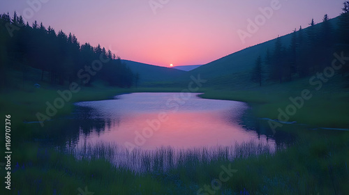 Serene sunrise over calm lake nestled in misty mountains.