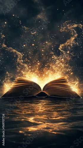 Open book on water with mystical glow, fantastical atmosphere, dark background