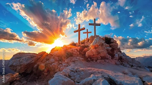 Three crosses on a rocky hill with dramatic sunset in the background. Symbolic representation of Calvary with three crosses.