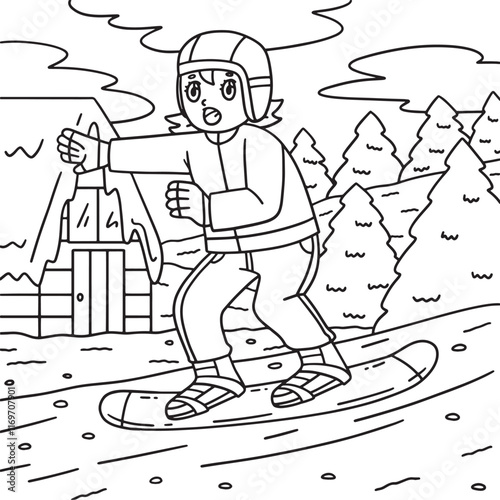 Snowboarding Girl Balancing Coloring Page for Kids