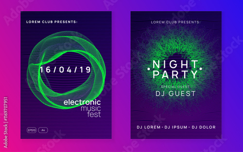 Night Club Design. Music Trance Element. Nightclub Disco Illustration. Sound Poster. Pink Night Club Background. Concert Invite. Blue Fest Set. Green Night Club Design