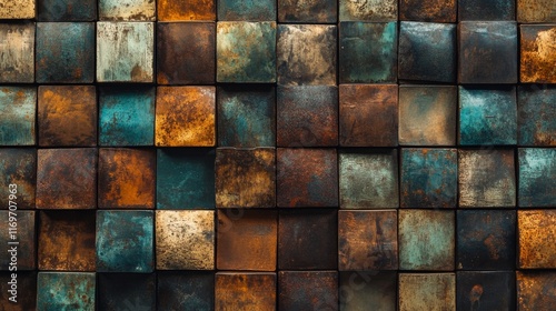 A textured metallic wall with a rustic feel, featuring square panels in multiple shades of aged copper and verdigris photo