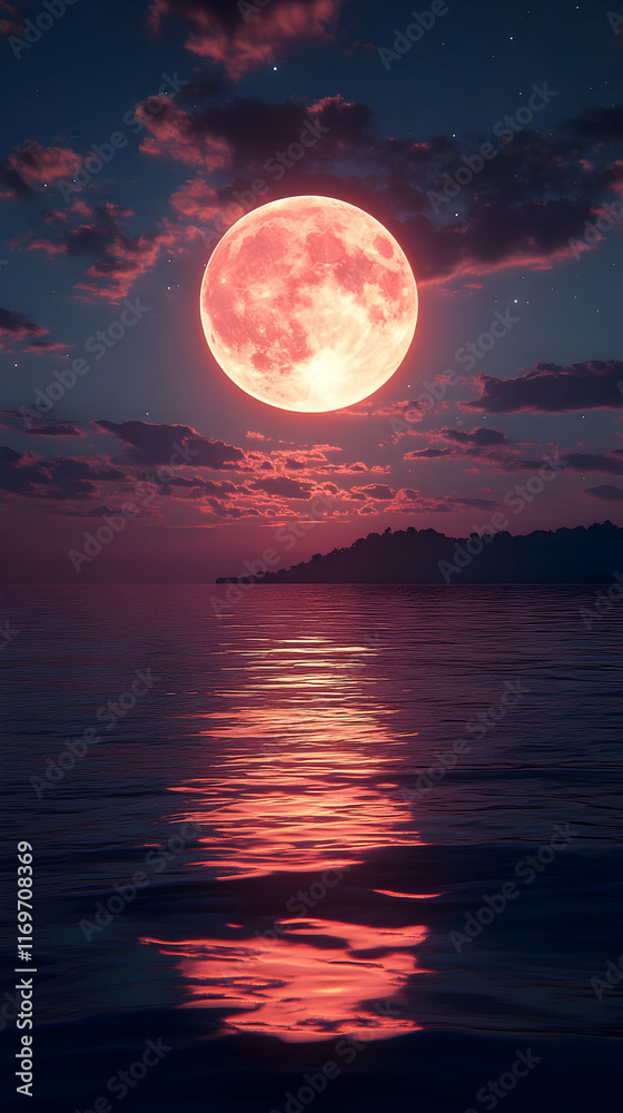 Pink full moon rising over calm ocean at night, reflecting on water. Pink full moon rising over calm ocean at night, reflecting on water.