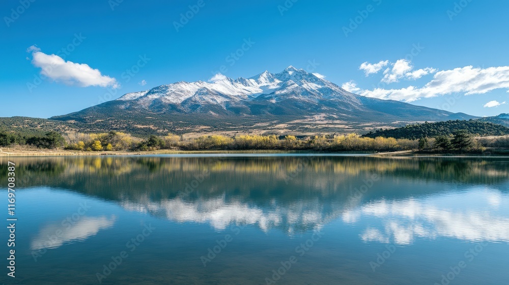 Majestic mountain landscape with a clear blue sky, snow capped peaks, and a calm lake reflecting the scenery, Majestic mountain landscape with a clear blue sky, snow capped peaks, and a calm lake reflecting the scenery,