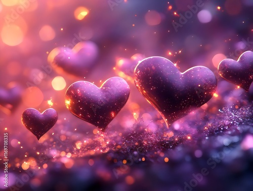 Romantic Glittering Hearts on a Soft Dreamy Purple and Pink Background for Valentine’s Themes