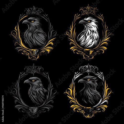 Four ornate raven illustrations in black and gold frames, showcasing different styles and details. photo