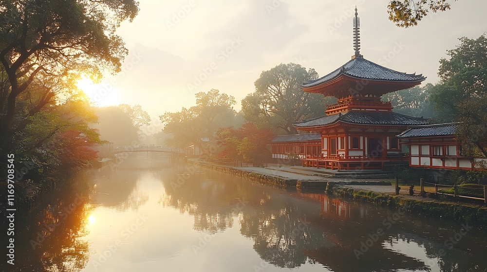 Naklejka premium Sunrise Pagoda, Bridge, and Canal Reflections