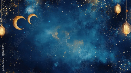 Ramadan background. Featuring deep blues, golds, and whites with crescent moon and lantern motifs. Representing faith and reflection. Ideal for religious greetings and event promotions photo