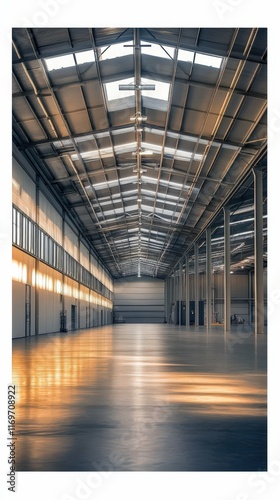 Wide open modern warehouse with geometric structure and even artificial lighting