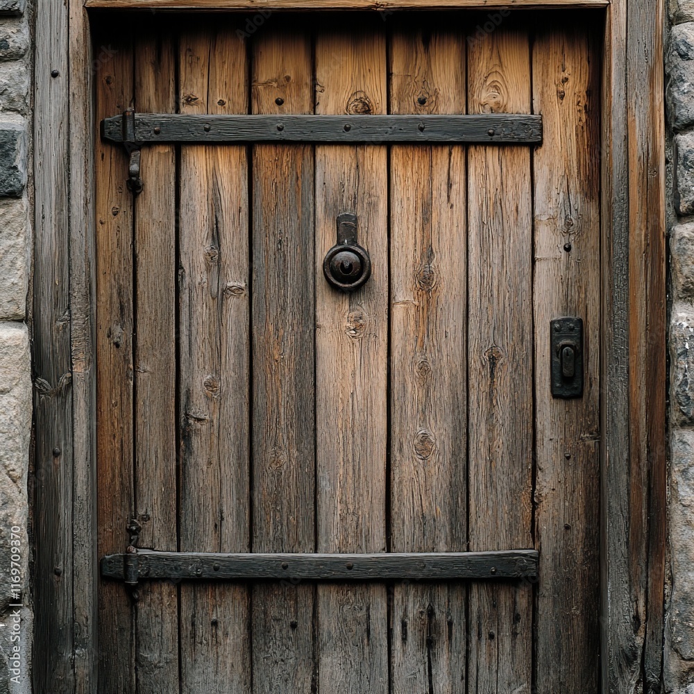 Rustic wooden door with metal hinges and ring knocker. Rustic wooden door with metal hinges and ring knocker.