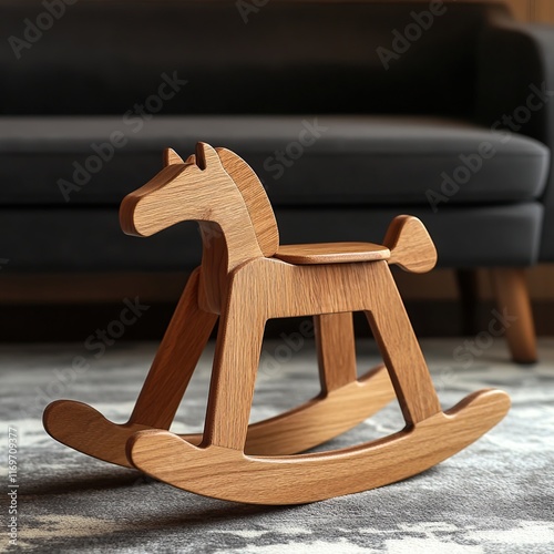 Wooden rocking horse toy on carpet.