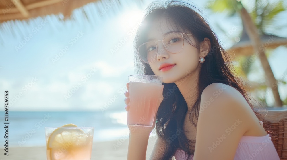 Summer Beach Vibes: A Young Woman Enjoys a Refreshing Drink by the Ocean Summer Beach Vibes: A Young Woman Enjoys a Refreshing Drink by the Ocean