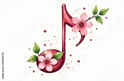 Colorful musical note surrounded by blossoms and leaves in a creative design