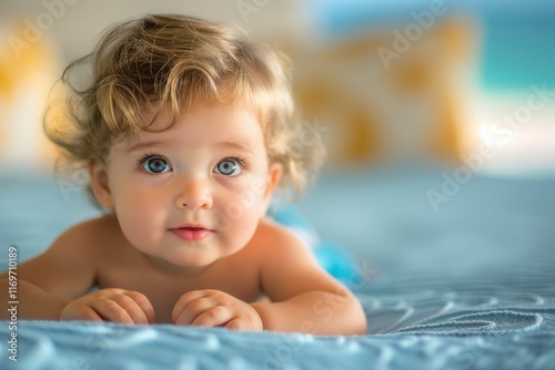 cute baby lying on soft bedding with blue eyes looking at the camera setting mood lighting copyspace concept of childcare, parenting, healthcare