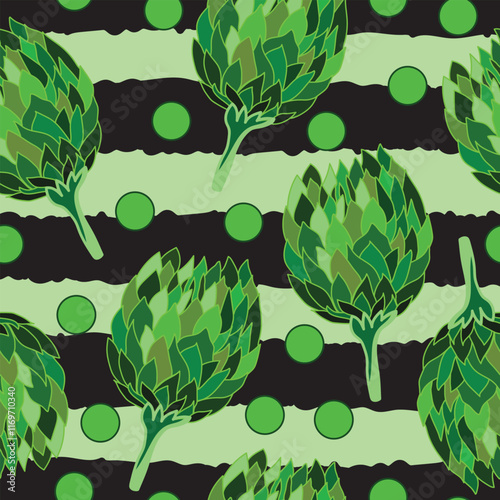 artichokes and lined polka dots with deformed black stripes seamless pattern