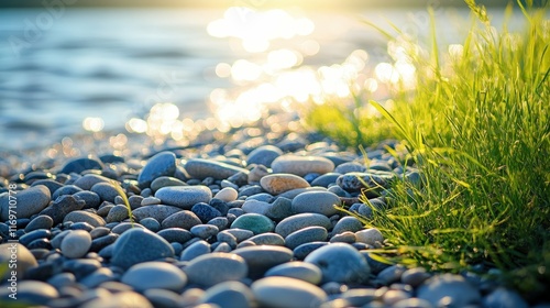 Pebbles on a lakeshore surrounded by fresh grass, soft spring sunlight, calm outdoor scene,
